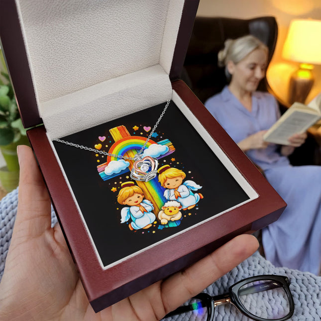 Rainbow Cross Cherub Angels | Christian Crown Pendant Necklace | Gift for Kids