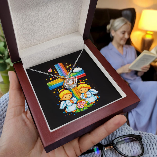 Rainbow Cross Angel Twins | Christian Crown Pendant Necklace | Gift for Kids