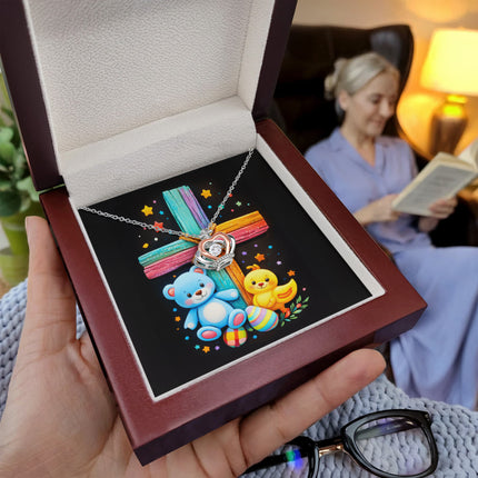 Rainbow Cross Teddy Bear | Christian Crown Pendant Necklace | Gift for Kids