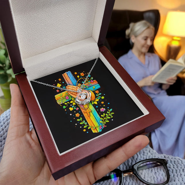 Rainbow Cross Praying Hands | Christian Crown Pendant Necklace | Gift for Kids