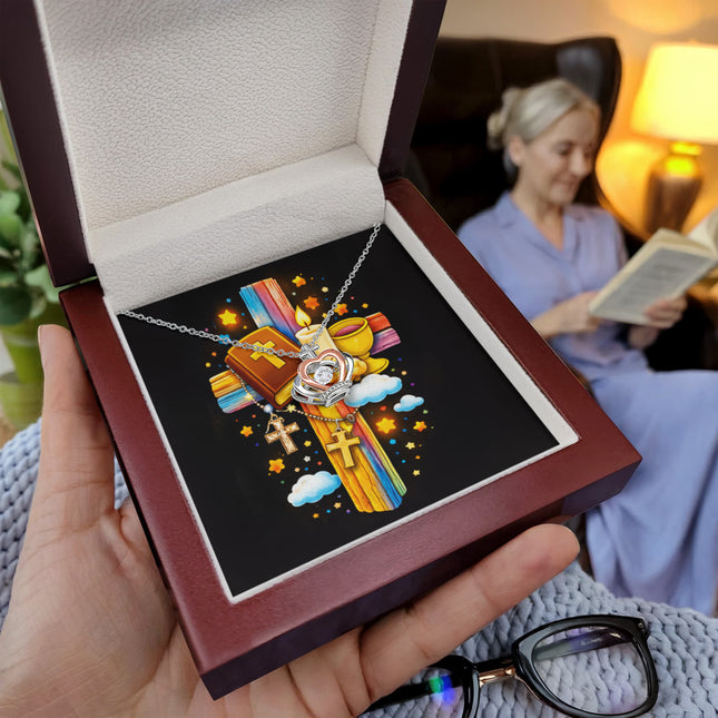 Rainbow Cross Bible And Cross | Christian Crown Pendant Necklace | Gift for Kids