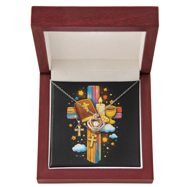 Rainbow Cross Bible And Cross | Christian Crown Pendant Necklace | Gift for Kids