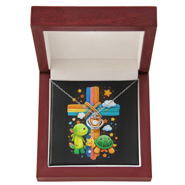 Rainbow Cross Turtle | Christian Crown Pendant Necklace | Gift for Kids