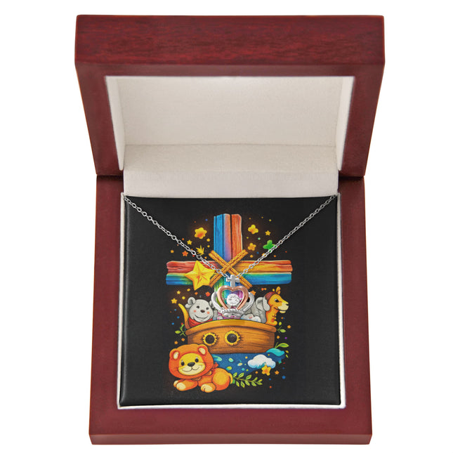 Rainbow Cross Noahs Ark | Christian Crown Pendant Necklace | Gift for Kids