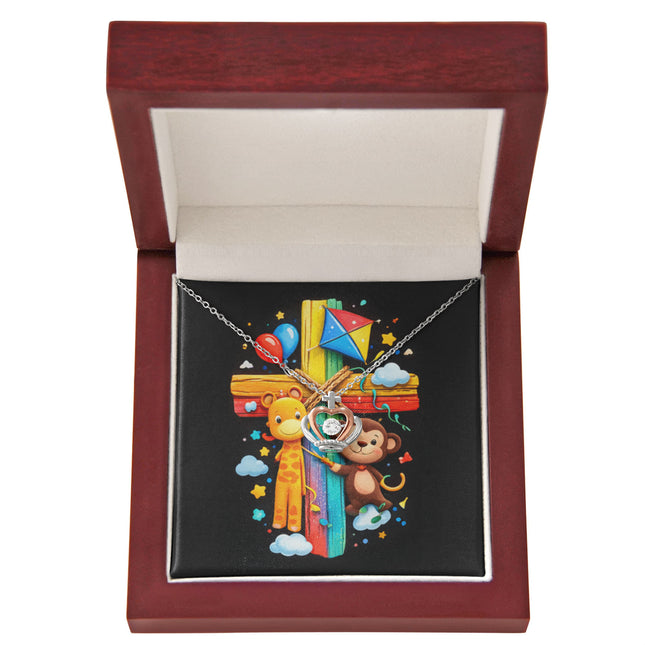 Rainbow Cross Jungle Animals | Christian Crown Pendant Necklace | Gift for Kids