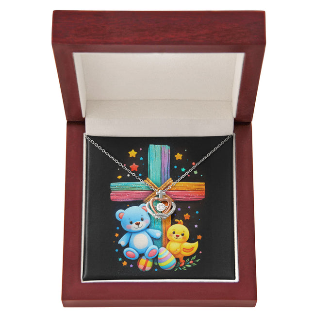 Rainbow Cross Teddy Bear | Christian Crown Pendant Necklace | Gift for Kids