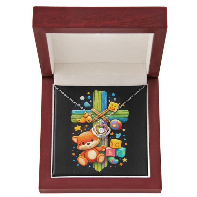 Rainbow Cross Little Fox | Christian Crown Pendant Necklace | Gift for Kids