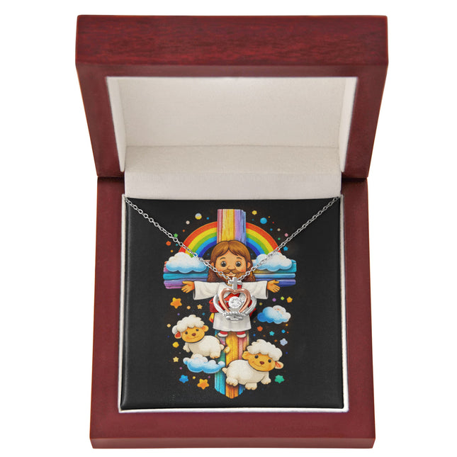 Rainbow Cross Jesus And Lamb | Christian Crown Pendant Necklace | Gift for Kids