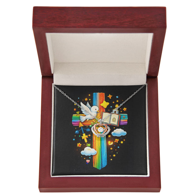 Rainbow Cross Open Bible | Christian Crown Pendant Necklace | Gift for Kids