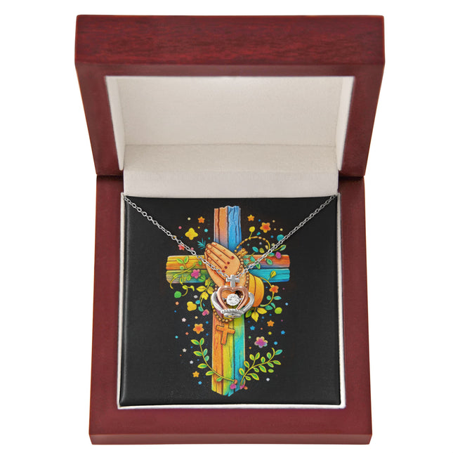 Rainbow Cross Praying Hands | Christian Crown Pendant Necklace | Gift for Kids