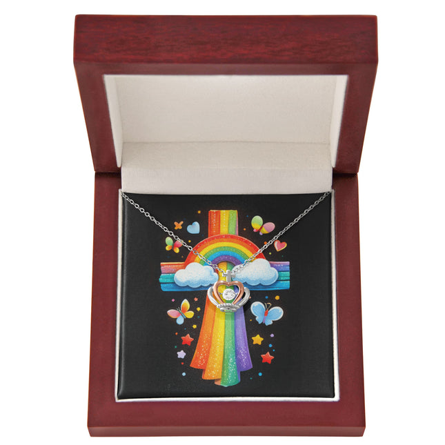 Rainbow Cross Butterfly | Christian Crown Pendant Necklace | Gift for Kids