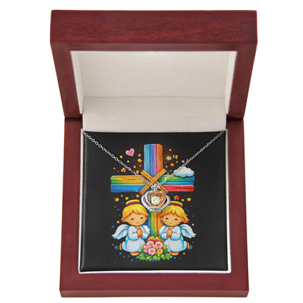 Rainbow Cross Angel Twins | Christian Crown Pendant Necklace | Gift for Kids