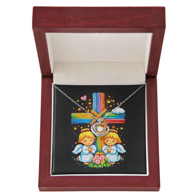 Rainbow Cross Angel Twins | Christian Crown Pendant Necklace | Gift for Kids