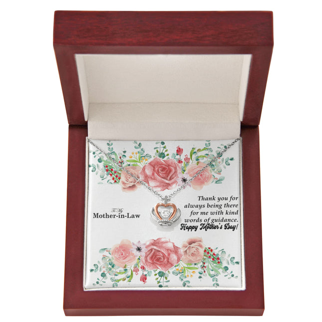 Sterling silver and rose gold crown pendant necklace with a sparkling cubic zirconia center, displayed in a mahogany luxury LED gift box with a To My Mother-in-Law Happy Mother's Day floral message card.
