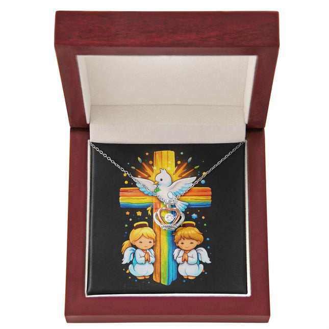 Rainbow Cross Angels And Dove | Christian Crown Pendant Necklace | Gift for Kids