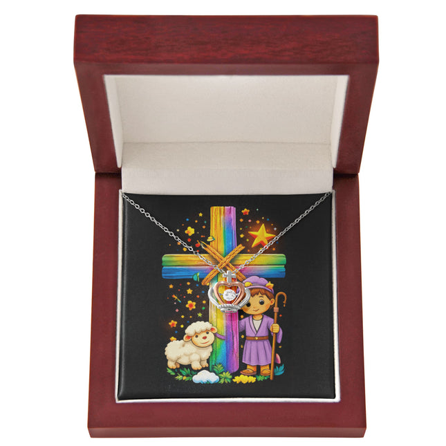 Rainbow Cross Little Shepherd | Christian Crown Pendant Necklace | Gift for Kids