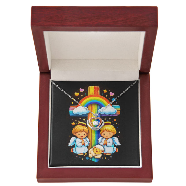 Rainbow Cross Cherub Angels | Christian Crown Pendant Necklace | Gift for Kids