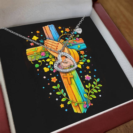 Rainbow Cross Praying Hands | Christian Baby Feet Heart Necklace | Gift for Kids