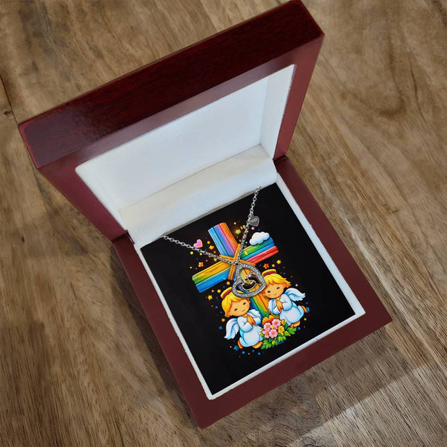 Rainbow Cross Angel Twins | Christian Baby Feet Heart Necklace | Gift for Kids