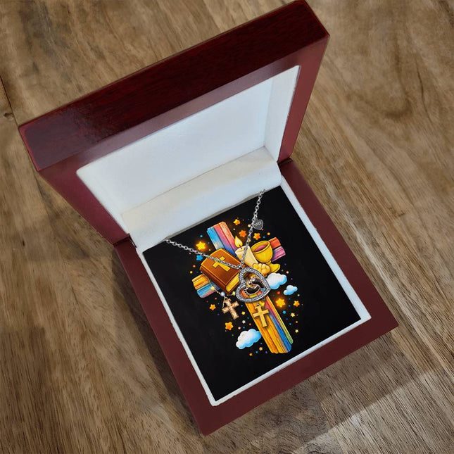 Rainbow Cross Bible And Cross | Christian Baby Feet Heart Necklace | Gift for Kids