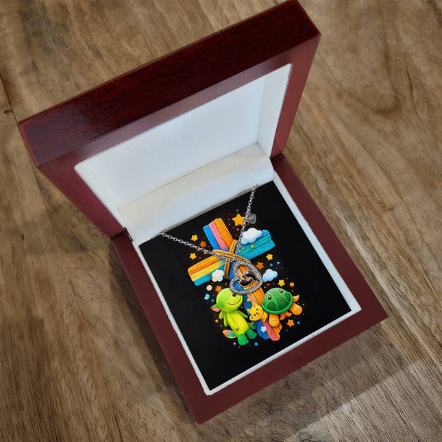 Rainbow Cross Turtle | Christian Baby Feet Heart Necklace | Gift for Kids