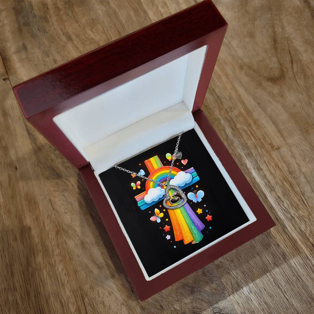 Rainbow Cross Butterfly | Christian Baby Feet Heart Necklace | Gift for Kids