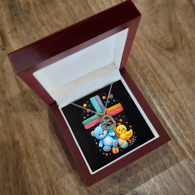 Rainbow Cross Teddy Bear | Christian Baby Feet Heart Necklace | Gift for Kids
