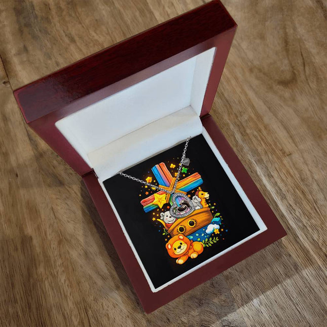 Rainbow Cross Noahs Ark | Christian Baby Feet Heart Necklace | Gift for Kids