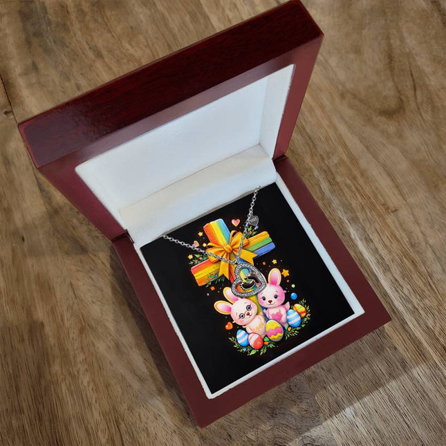 Rainbow Cross Bunnies | Christian Baby Feet Heart Necklace | Gift for Kids