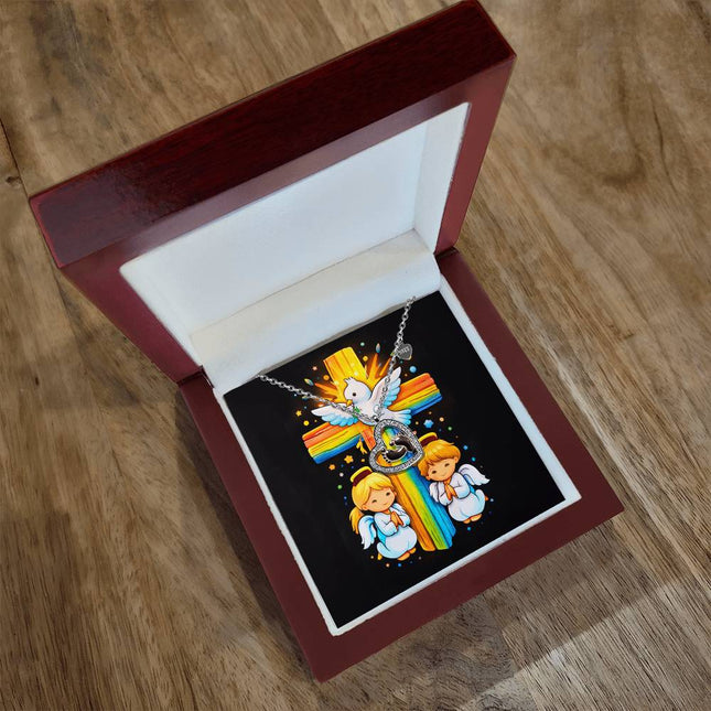 Rainbow Cross Angels And Dove | Christian Baby Feet Heart Necklace | Gift for Kids