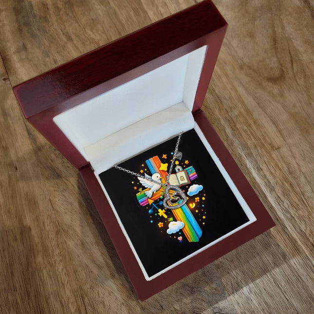 Rainbow Cross Open Bible | Christian Baby Feet Heart Necklace | Gift for Kids