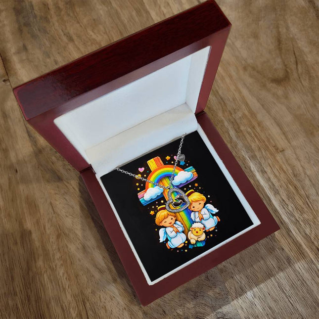 Rainbow Cross Cherub Angels | Christian Baby Feet Heart Necklace | Gift for Kids