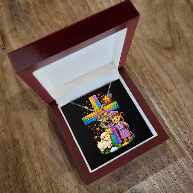 Rainbow Cross Little Shepherd | Christian Baby Feet Heart Necklace | Gift for Kids