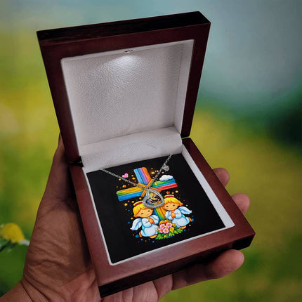 Rainbow Cross Angel Twins | Christian Baby Feet Heart Necklace | Gift for Kids