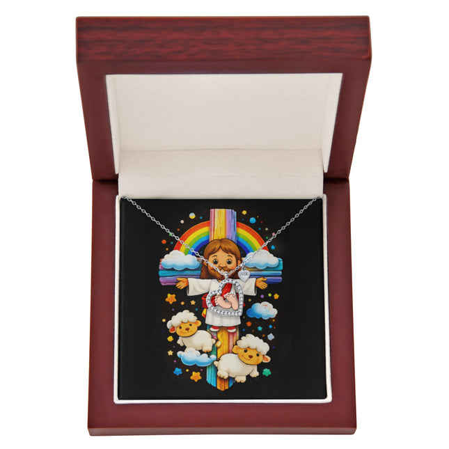 Rainbow Cross Jesus And Lamb | Christian Baby Feet Heart Necklace | Gift for Kids