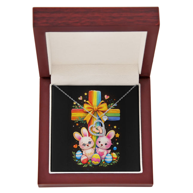 Rainbow Cross Bunnies | Christian Baby Feet Heart Necklace | Gift for Kids