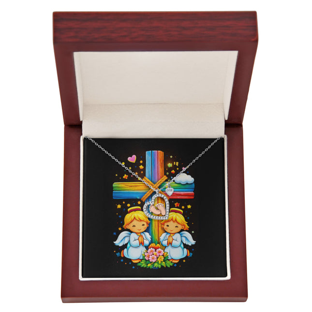 Rainbow Cross Angel Twins | Christian Baby Feet Heart Necklace | Gift for Kids