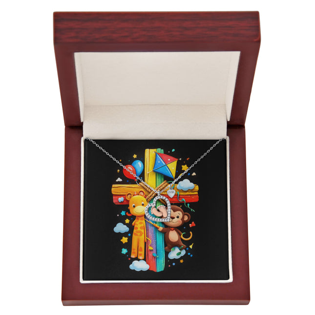 Rainbow Cross Jungle Animals | Christian Baby Feet Heart Necklace | Gift for Kids