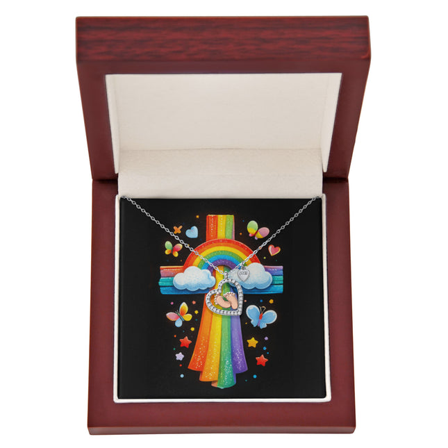 Rainbow Cross Butterfly | Christian Baby Feet Heart Necklace | Gift for Kids