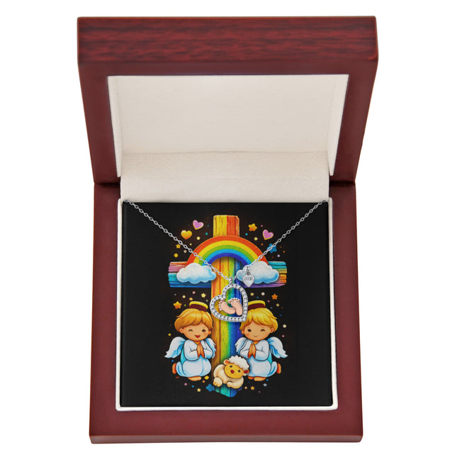 Rainbow Cross Cherub Angels | Christian Baby Feet Heart Necklace | Gift for Kids