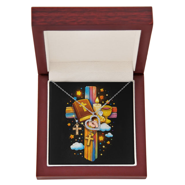 Rainbow Cross Bible And Cross | Christian Baby Feet Heart Necklace | Gift for Kids
