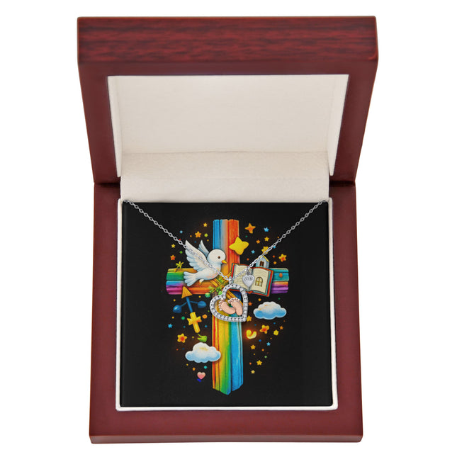 Rainbow Cross Open Bible | Christian Baby Feet Heart Necklace | Gift for Kids