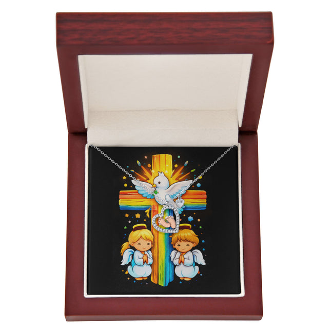 Rainbow Cross Angels And Dove | Christian Baby Feet Heart Necklace | Gift for Kids