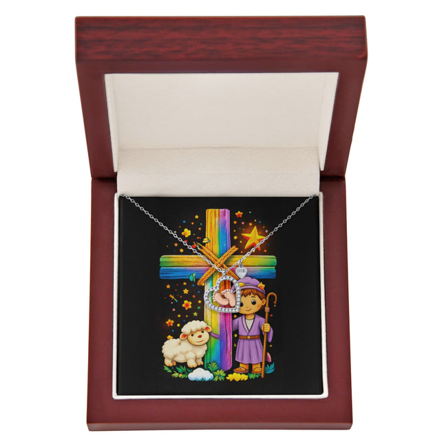 Rainbow Cross Little Shepherd | Christian Baby Feet Heart Necklace | Gift for Kids