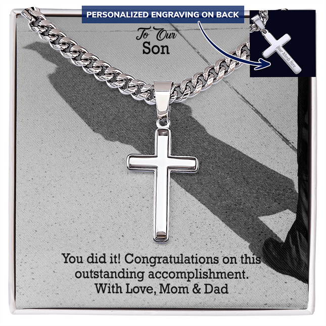 Son Graduation Cross Necklace | Cuban Link Gift from Mom & Dad