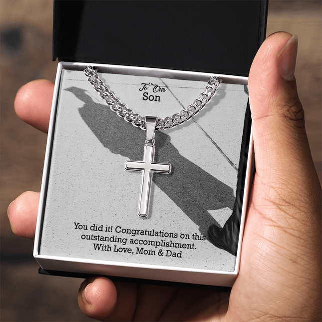 Son Graduation Cross Necklace | Cuban Link Gift from Mom & Dad