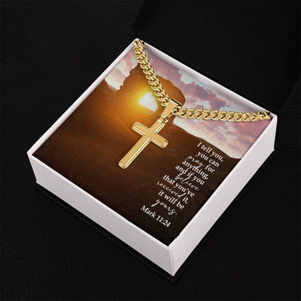 Mark 11:24 cross necklace with Cuban link chain – prayer and believe Christian jewelry gift