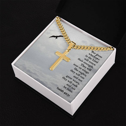 Isaiah 40:31 cross necklace with Cuban link chain – “renew their strength” eagle verse Christian jewelry gift