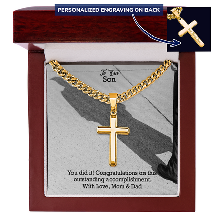 Son Graduation Cross Necklace | Cuban Link Gift from Mom & Dad