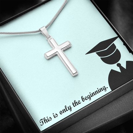 Artisan cross necklace graduation gift with message card “This is only the beginning” and graduation cap design